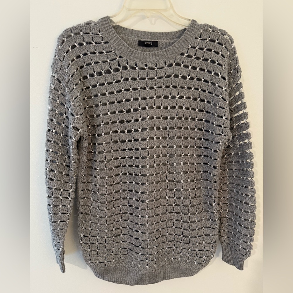 Very J Gray Open-Knit Crew Neck Sweater